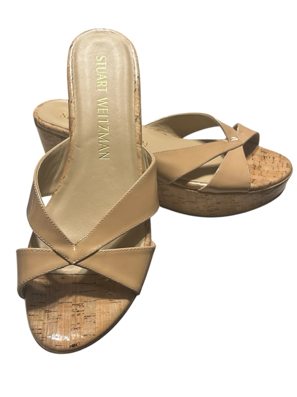Stuart Weitzman Carmen Platform Wedge Slide in Patent Leather Adobe Beige 9.5
